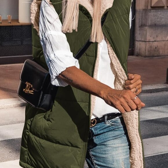 Womens 2025 Fall Reversible Long Vests Sleeveless Fleece Jacket Zip Up Hoodie Po - Picture 4 of 6